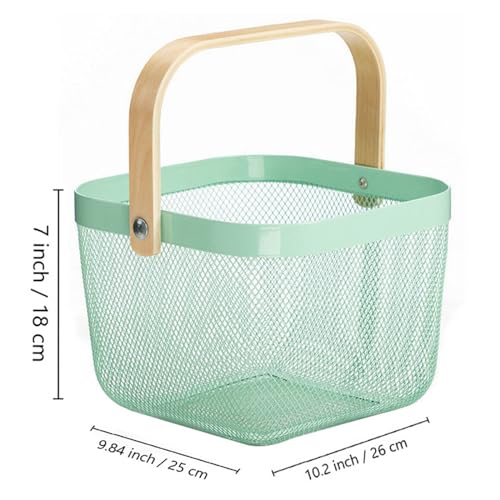 AJIODA Metal Mesh Steel Basket, Storage Organizer Basket Multi-functional Hanging Kitchen Baskets Fruit Basket with Wooden Handle for Kitchen Bathroom Picnic Shopping Decor Cabinet Home, Macaron Blue - color: Macaron Blue