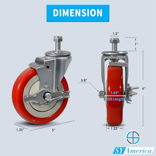 SY America 5" Shopping Cart Replacement Wheels,Stem Casters Swivel Casters Set of 4 Heavy Duty Castors,Load Capacity 1400 lbs (Red) - color: Red, size: 2 Brake & 2 Swivel