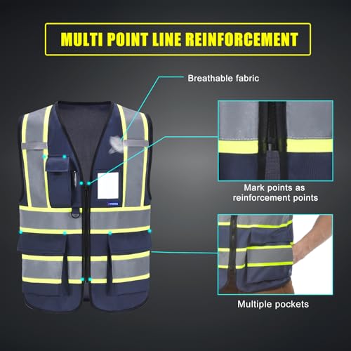 AYKRM Security Vest for Men Women 7 Pockets High Visibility Reflective Safety Vest Front Zipper Meets ANSI/ISEA - color: Navy-sheriff, size: 5X-Large