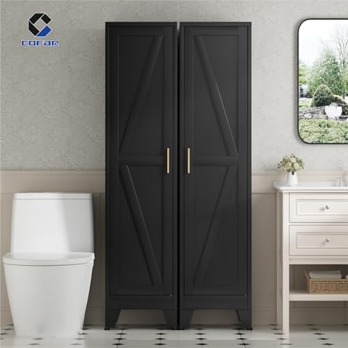 COFaR 67'' Tall Narrow Bathroom Storage Cabinet, Metal Farmhouse Skinny Pantry Cabinet with 4 Adjustable Shelves and One Door, Slim Cabinet Storage for Kitchen Garage, 5-Tier Black - color: Black, size: 11.81''D × 15.75''W × 66.93''H-L04