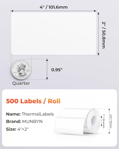 MUNBYN 4x2 Thermal Labels, 500 Sheets/1 Roll, White - color: White, size: 4x2"