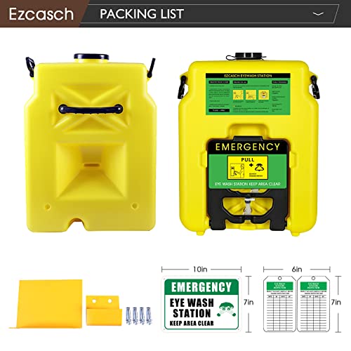 Portable Eyewash Station 14-Gallon OSHA Approved with One Station Sign and Two Inspection Tags, Wall Mounted Gravity-Flow Indoors and Out, 53L Refillable Eyewash Station Heavy Duty