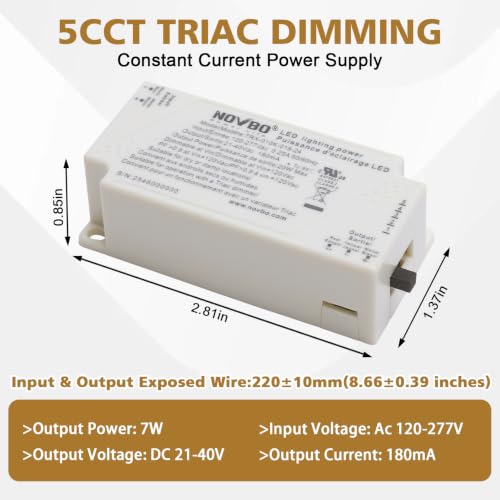 NOVBO 7W Triac Dimmable 5CCT 180mA LED Driver 120-277V AC to DC 21-40V