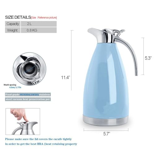 68 Oz Stainless Steel Thermal Carafe - Double Walled Vacuum Insualted Thermos/Carafe with Lid - Coffee/Tea Carafe Heat & Cold Retention - 2 Liter - color: Blue