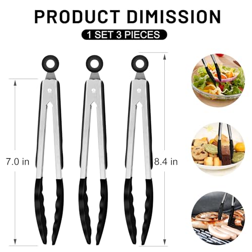 HOTEC Small Silicone Kitchen Tongs 7-Inch Mini Serving Tongs, Set of 3 - color: Black