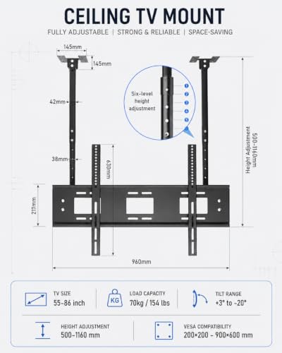 Ceiling tv Mount for 55-86 inch Flat Screen Displays, Height Adjustable,Tilt Ceiling Mount TV Bracket, Hanging tv Mount Holds up to 154lbs, Max VESA 900x600mm (Single Screen)