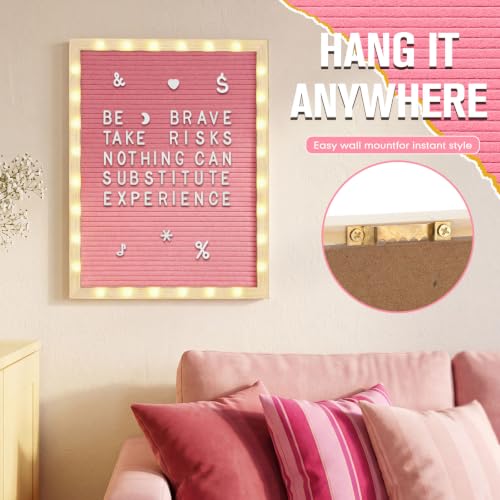 12 x 16 Inches Felt Letter Board & LED Light, Pink, Natural Wood - color: Pink, size: 12 x 16 Inches, style: Natural Wood