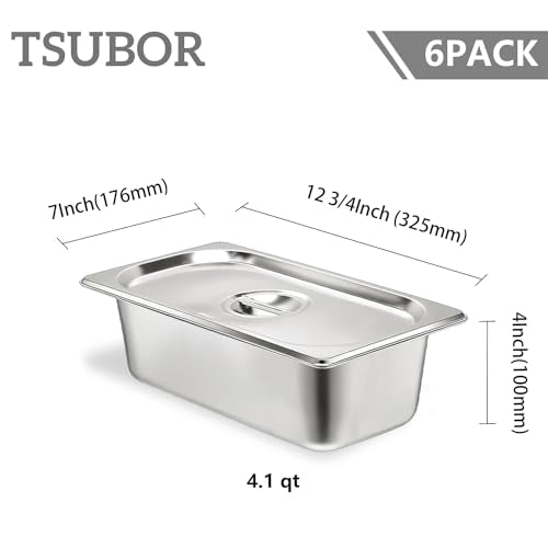 6 Pack Hotel Pans 1/3 Size 4" Deep Stainless Steel Steam Table Pan w/Lids - color: 1/3, size: 4'' Deep