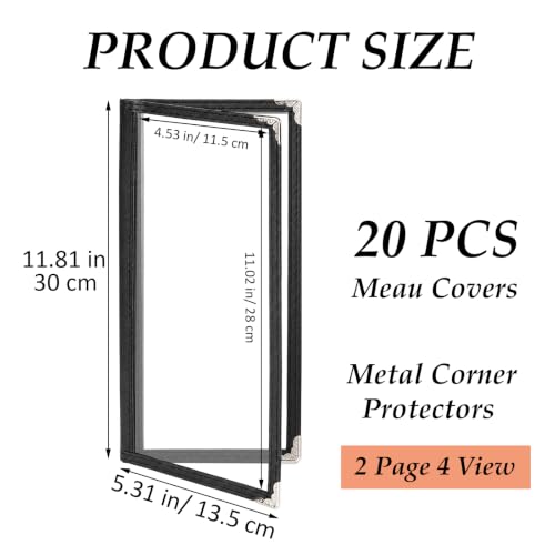 SHUESS 20 Pcs Menu Covers, 11 X 4.5 Inch 2 Page 4 View Restaurant Menu Covers with Clear Plastic Sleeves, Loose-Leaf Leather Order Holder with Leather Edges and Metal Clips for Restaurant, Bars, Café
