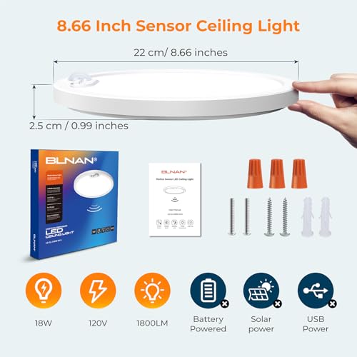 BLNAN Motion Sensor Ceiling Light Wired, 8.7 Inch 3000K 4000K 5000K Selectable LED Flush Mount Light Fixture, Motion Activated Light with Timer for Hallway Stair Walk-in Closet, Non-Dimmable 4 Pack - size: 8.7inch-4packs White