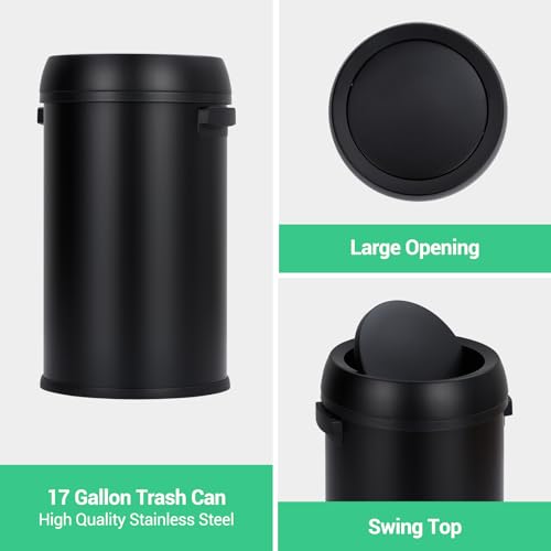 Takywep 17 Gallon/65 Liter Stainless Steel Swing Top Trash Can, Heavy Duty Round Trash Bin with Swing Lid, Commercial Large Garbage Can, Ideal for Kitchen, Restaurant, Office, Matte Black - color: Black Swing Top