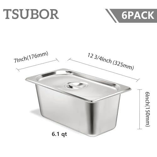 6 Pack Hotel Pans 1/3 Size 6" Deep Stainless Steel Steam Table Pan w/Lids - color: 1/3, size: 6'' Deep