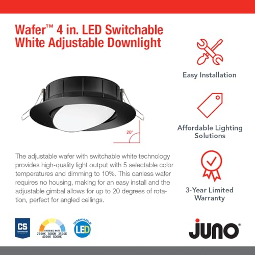 Juno WF4 ADJ SWW5 90CRI MB M6 Wafer-Thin LED Downlight, Adjustable Trim, Switchable CCT 2700K, 3000K, 3500K, 4000K, and 5000K, 90+ CRI, Matte Black, 4-Inch - color: Black, size: 4-Inch