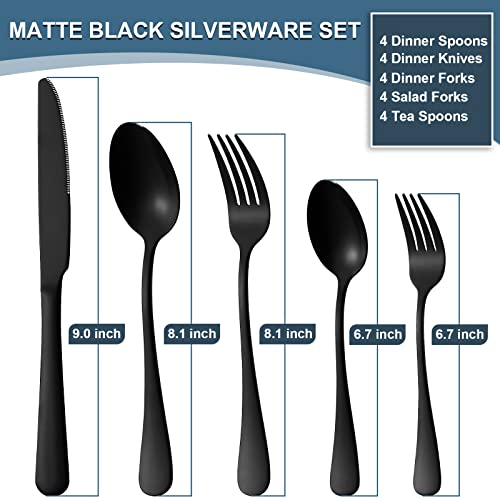 Briout Matte Black Silverware Set for 4, Flatware Cutlery Set 20 Piece - color: Matte Black
