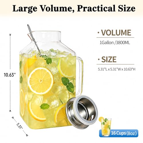 1 Gallon Square Glass Pitcher with Lid and Handle,Water Jug for Fridge