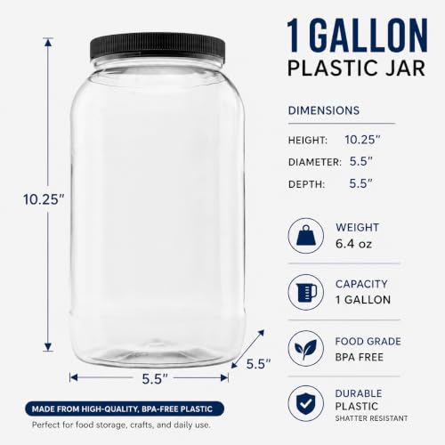 1 Pack - 128 oz (1 Gallon) Plastic Storage Jars with 110-400 Leak Proof Black Lids, Food Grade, BPA Free, Hand Wash Only (128oz, BLK, 1PK) - size: 1pk - 128oz, Black Lid