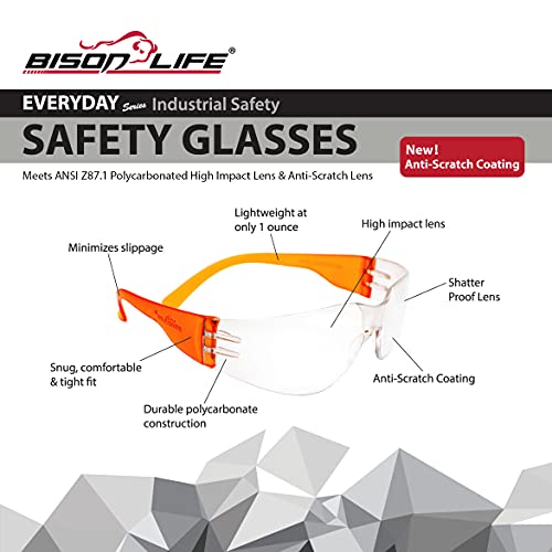BISON LIFE Clear/Orange Safety Glasses for Men & Women, ANSI Z87.1, 12 Pack - color: Clear/Orange