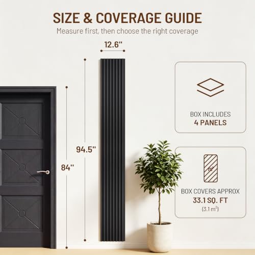 Amsleekey 4-Pack 94.5″x12.6″ Acoustic Wood Slat Wall Panels, 8 Hooks, Black - color: Black, size: 94.5 x 12.6 in - 4 pcs