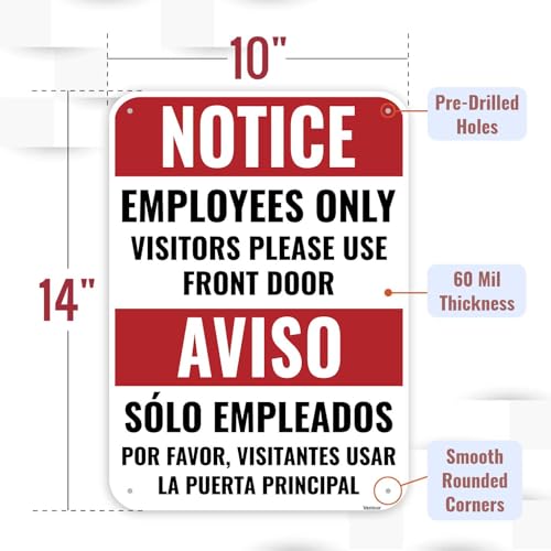 1PC Employee Entrance Only Sign Bilingual, 14 x 10 Inches - Aluminum - Visitors Please Use Front Door - Employees Staff Only Beyond This Point Private Entrance - color: 14" x 10"