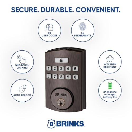Brinks Fingerprint Door Lock, Keyless Entry Biometric Lock, Electronic Keypad Fingerprint Deadbolt with Auto-Locking, Front Door Lock and Interior Knob Set, Easy Installation, Tuscan Bronze - color: Tuscan Bronze, style: Deadbolt