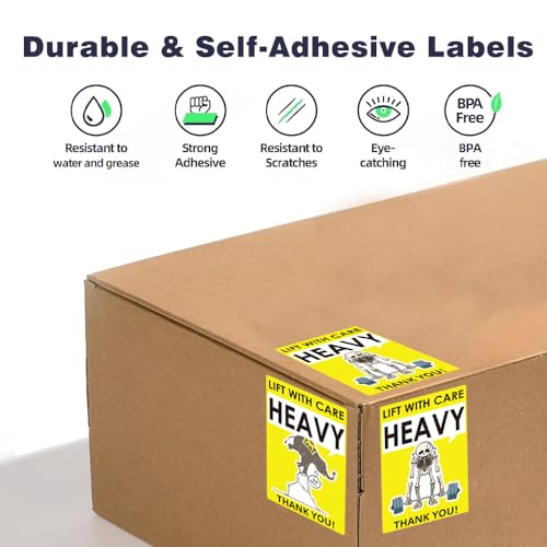 3x2 Inch Heavy Lift with Care Stickers, Strong Adhesive Labels for Shipping, Funny Skeleton & Elephant Design, Warning: Handle with Care, Thank You Labels for Moving and Handling - style: Heavy Caution