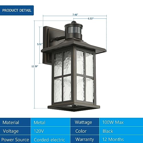 FLEDAVID Motion Sensor Porch Light Black Dusk to Dawn Outdoor Wall Lantern - color: Black(Gold Trim) 1-Pack