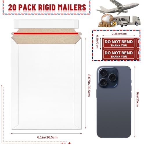 20 Pack 6x8 inch Rigid Mailers, Self Seal Photo Mailers Protective Flat Cardboard Envelopes White Blank Shipping Envelopes for Photos, CD, Document, Invitation, Trading Card, Coins, Stamps - color: White, size: 6x8 Inch