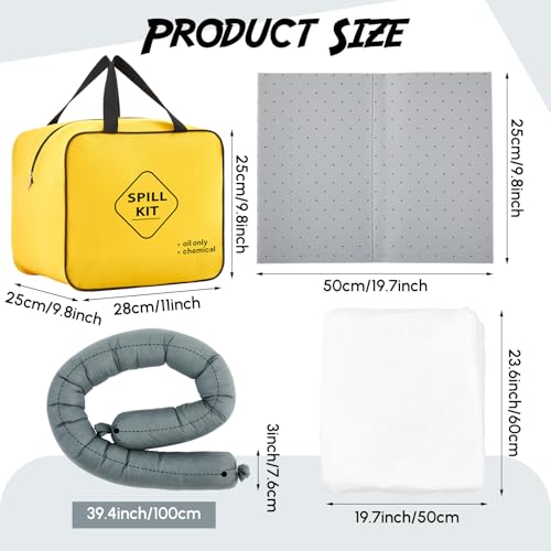 24 Pcs Universal Spill Kit, Portable Complete Emergency Spill Kit, Absorbs Oils Water and More, Yellow Bags, 15 Absorbent Pads, 2 Pcs 3" x 3.3' Sorbent Socks, 5 Disposal Bags, PVC Gloves, 1-Pack