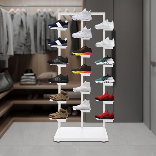 Commercial Clothing Store Shoe Rack Retail Store Shoe Display Shelf Free Standing Shoes Shelf Single Sided Shoes Racks 18 Compartments 24.25lbs Load Capacity (31.5 * 59.06in, White) - color: White