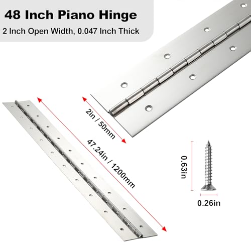 Heavy Duty Piano Hinge 48 Inch x 2 Inch Width, 0.047'' Thick Stainless Steel Continuous & Piano Hinge for Cabinet, Door, Toolbox, Wooden Box, Metal Plate, Furniture, Industrial Project - size: 48 Inch