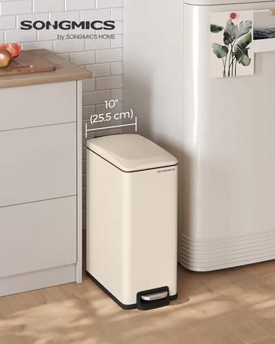 SONGMICS Kitchen Trash Can with Lid, 13-Gallon (50 L) Slim, Stainless Steel - color: Sand Beige, style: 13 Gal.