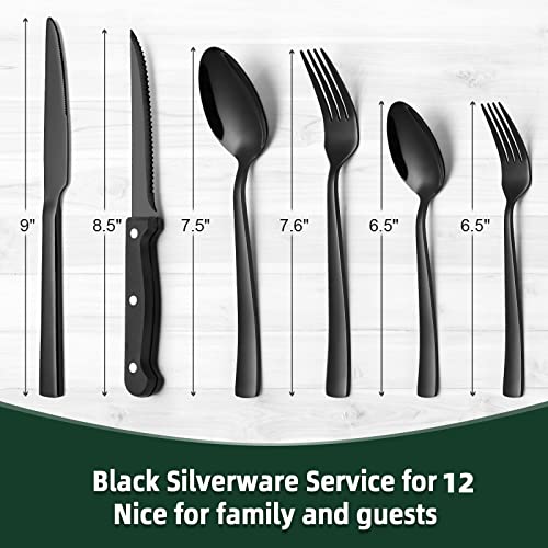 72-Piece Black Silverware Set with Steak Knives for 12, Black Flatware Set