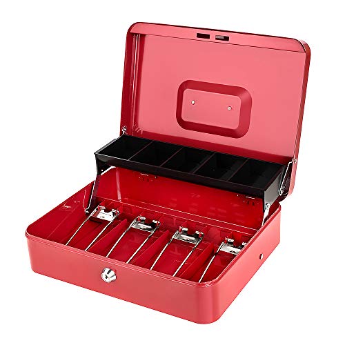 Cash Box with Lock Key and Money Tray, Large Money Box for Cash Register - color: Red