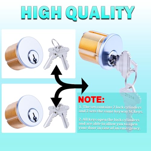 2Pcs Brass Mortise Door Cylinder Locks Keyed Alike with 4 SC Keyway Keys - size: 1 Inch