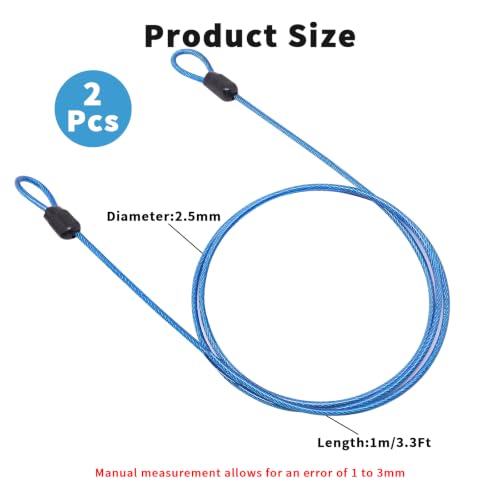 Cable Lock Double Loops 3.3Ft Long Blue Security Cables, Bike Locks Cables 2.5mm Braided Steel Coated Safety Cable Wire Rope for Luggage, Outdoor, Clothesline (2 Pack) - color: Blue, size: 3.3Ft (2 Pack)