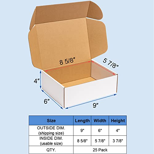 Wowxyz Shipping Boxes 9x6x4 inches 25 Pack White Corrugated Cardboard Mailing Box for Small Business - Literature Mailer Mail Packaging Supplies - size: 9x6x4"