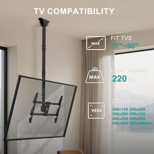 WALI Long Arm Ceiling TV Mount for Most 37-90 inch Large TVs, up to 220 lbs - color: Black (800x400mm), size: 5 feet