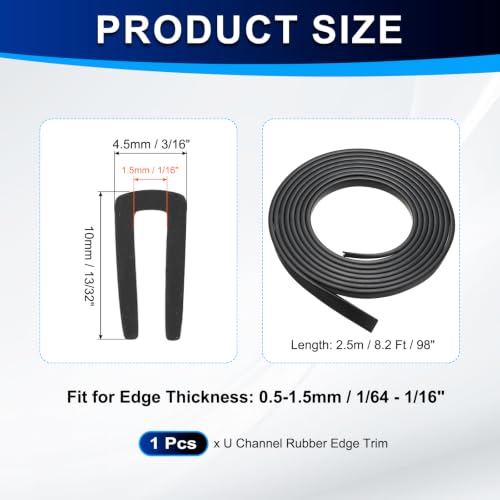PATIKIL U Channel Rubber Edge Trim 8.2Ft Long for 1/64"–1/16" Thick Edge - size: 8.2Ft L x 3/16" W, 1/16" Slot