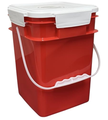 House Naturals 4 Gallon Square Food Grade Bucket Pail with Plastic Handles and Lid (Pack of 3) Made in USA containers (RED-White Lids) - color: Red-white Lids