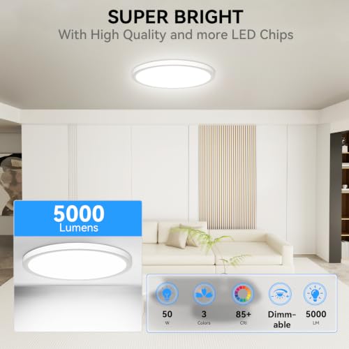 WKONCLDY 5CCT 3000k//3500k/4500k//5000k/6000k Selectable, Dimmable Led Flush Mount Ceiling Light, 20 Inch 5000LM Round Modern Flat Panel,Super Slim for Living Dining Kitchen Bedroom Room - color: White, size: 20in-2Pack