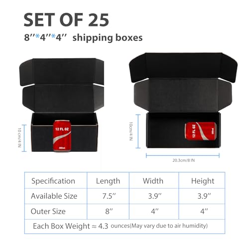 Small Shipping Boxes 8x4x4 Inch (25 Pack) - Sturdy Black Corrugated Cardboard Boxes for Small Business, Ecommerce, Mailing & Packaging | Recyclable Gift & Storage Boxes - color: Black, size: 8x4x4 inch