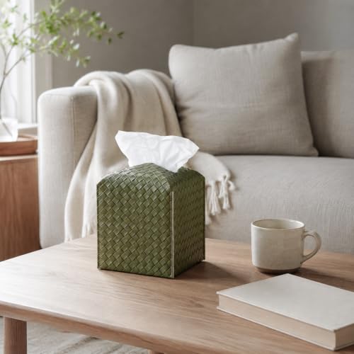 Tissue Box Cover Square Leather Facial Paper Holder, Olive Green - color: Olive Green, size: square