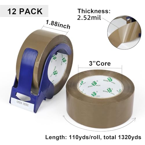 BOMEI PACK Brown Packing Tape, Heavy Duty Packaging Tape Refills, 12 Rolls of 1.88 inch x 110 Yards, Shipping Tape Box Tape Mailing Tape for Shipping Packaging Moving Sealing and Storage - color: brown, size: 110yds