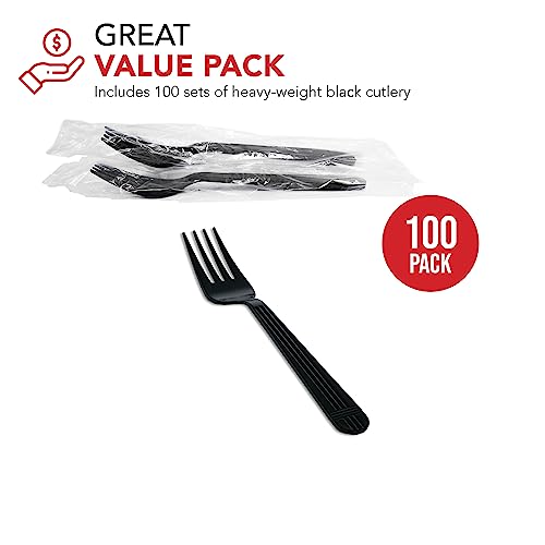 Party Essentials Individually Wrapped Black Plastic Utensil Sets/Heavy Duty Flatware Packs, Fork, 100 Sets (Pack of 10) - size: Fork (Pack of 10)