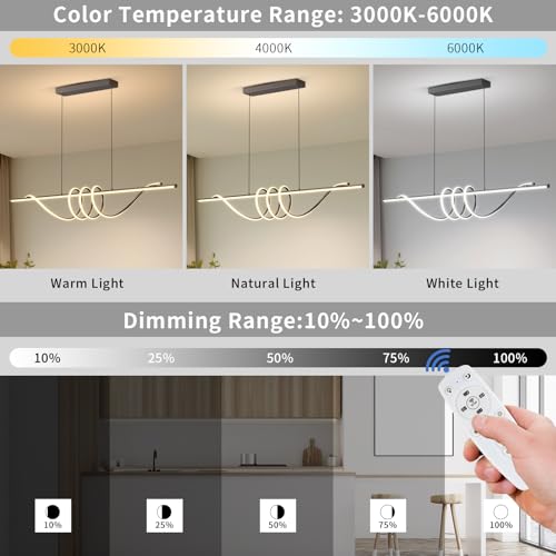 Modern LED Pendant Lights, Ceiling Chandelier Dimmable with Remote Control 3000k-6000K Adjustable Color Temperature, Aluminum Island Lighting Lamp Fixture for Kitchen, Dining Room(57in Black) - color: A-Black, size: 57 inch