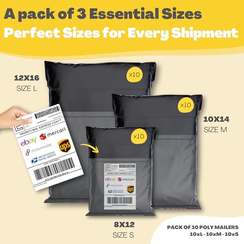 Shipping Bags (30 Pack) with Label Pouch - 8x12, 10x14 & 12x16 - Poly Mailers for Clothes, Self-Seal Plastic Mailing Envelopes - Tear & Water-Resistant Packaging Bags for Clothing, Not Padded - color: Black, size: 3 Sizes 8x12 10x14 & 12x16 [WITH label po