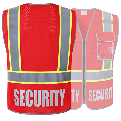 Security Vest for Men Women Reflective Safety Vest with 5 Pockets and Front Zipper Mesh High Visibility Vest Meets ANSI/ISEA 107-2015 Standards (Red-22, Small) - color: Red, size: Small