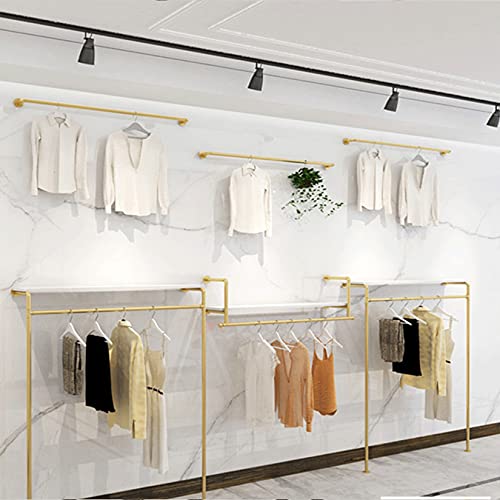Modern Simple Industrial Pipe and Wood Garment Rack,Wall Mounted Hanging Rods Clothing Rack,Retail Display Storage Clothes Hanging Shelves (Gold, 59" L) - size: 59" L