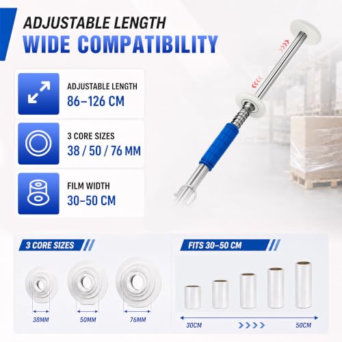 Long Handle Pallet Stretch Wrap Dispenser, Stretch Wrap Dispenser for Film Width 12-20 inch, Rolls 1.5" to 3" Diamater, Stretch Wrap with Handles for Warehouse, Logistics, Factory Shipping & Packaging