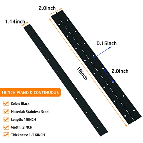 2PCS 18" Stainless Steel Piano Hinge, 0.06" Thick Heavy Duty Piano Hinge - color: Black, size: 18Inch x 2Inch